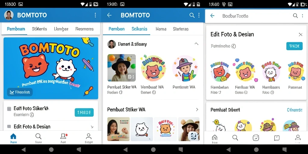 Antarmuka aplikasi BOMTOTO untuk membuat stiker WA yang kreatif.